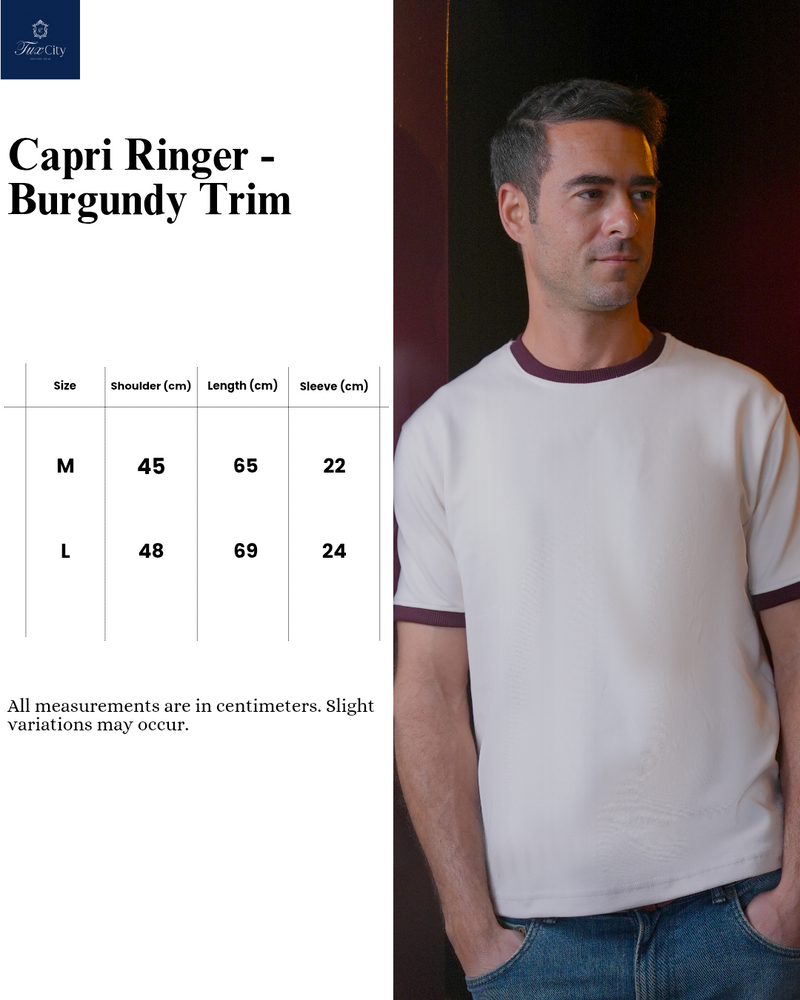 Size chart for Capri Ringer – Burgundy Trim
