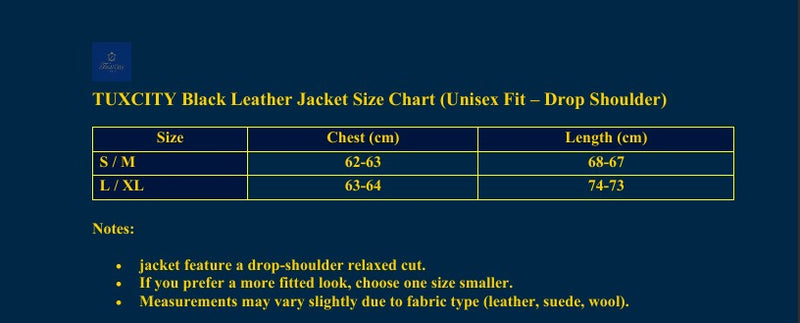Size chart for Black Leather Jacket